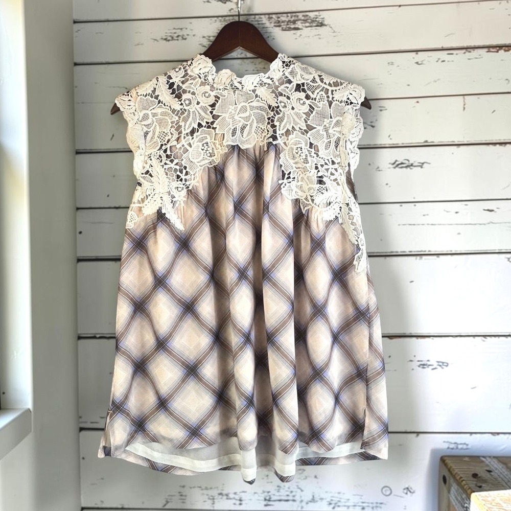 Boho Sleeveless Lace Yoke Top LOFT L Tan Blue Plaid 100% Chiffon Blouse Cottage